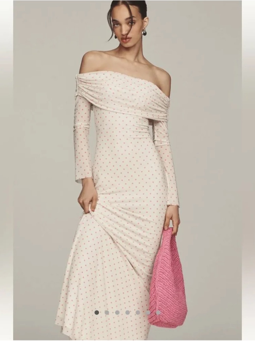 AFRM Off-Shoulder Long Sleeve Cream Maxi Dress with Pink Dot Print